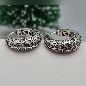 Oxidized Sterling Silver 925 Hoop Earrings Tribal Boho Pattern w/Cubic Zirconia